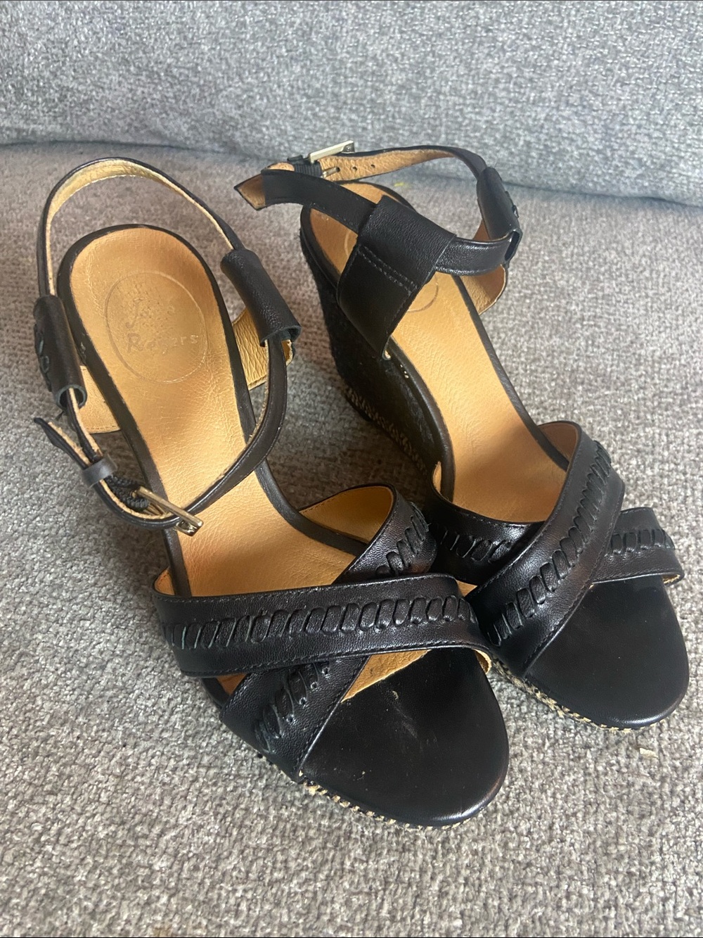Jack Rogers Black Leather Wedge Sandals size 7.5
